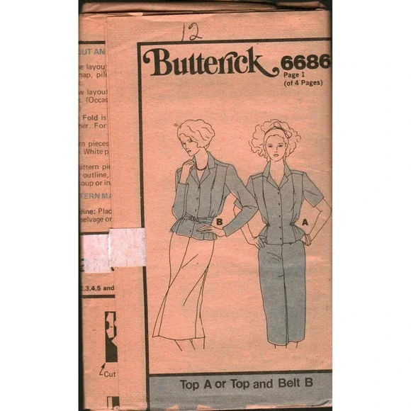Vintage Butterick 6686 Sewing Pattern Misses Top and Belt Size 12 UNCUT