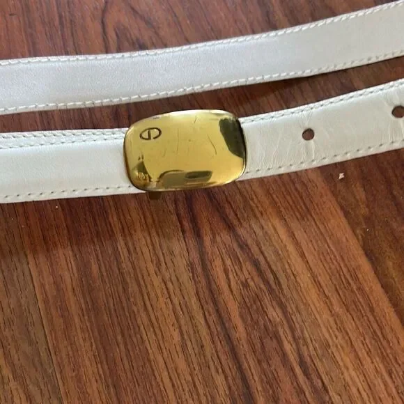 Vintage 80's Christian Dior white thin leather belt gold buckle size M