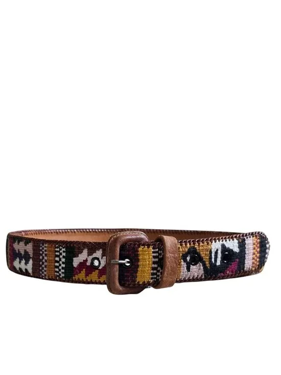 Vtg Guatemalan Woven Leather Belt 32 Mayan Motif