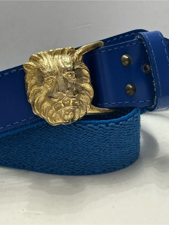 Vintage ANNE KLEIN for Calderon Blue Stretch Leather Belt Gold Lion Buckle 8491