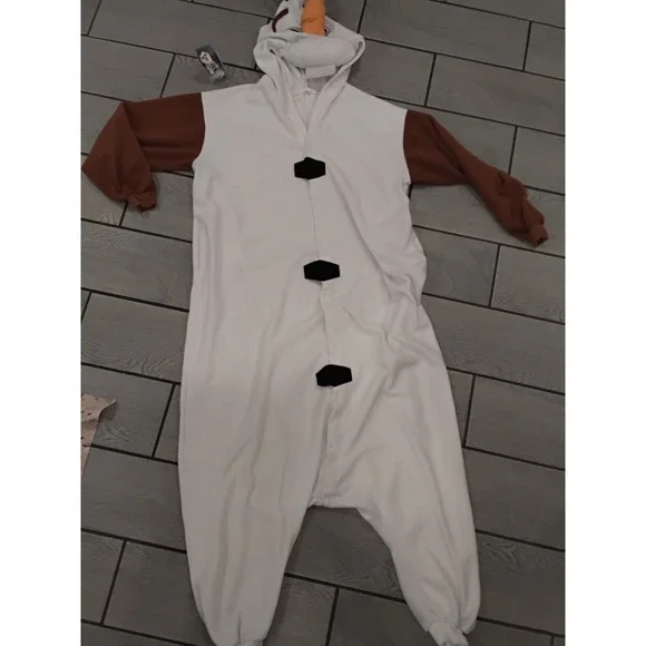 Olaf Like Snowman Costume Pajamas White Brown XL w/ Disney Olaf Figure