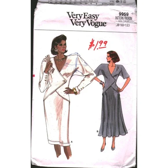 Vogue 9959 Vintage 80s Dress Sewing Pattern Size 8 10  Asymmetric Wrap Knit