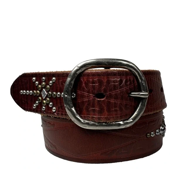 Brown Leather Studded Belt‎ boho bohemian silver biker western southwest