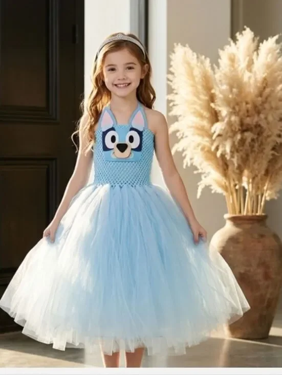 Light Blue Tulle Halter Dress with Playful Cartoon Appliqué Fox Princess