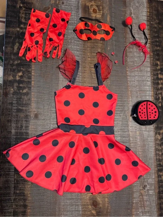 Lady Bug Costume Polka dot dress gloves headband with antennae earrings purse
