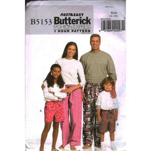 Butterick B5153 Pajama Pants Shorts Sewing Pattern Kids 3-12