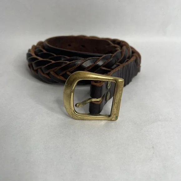 Vintage Women's Braided Belt XL 38-42‎ Brown Genuine Leather Solid Brass Buckle