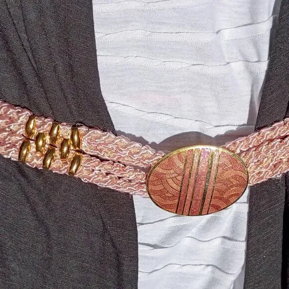 1980's Pink Cord and Enameled Brass Buckle Belt