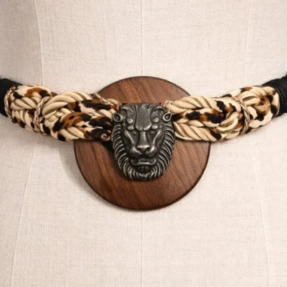Vintage 80's statement belt lion head jungle braided stretchy one size