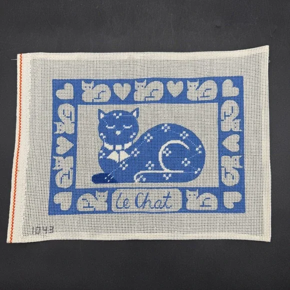 Vintage Le Chat Alice Peterson Blue Cat Needlepoint Canvas Art Blue White Hearts