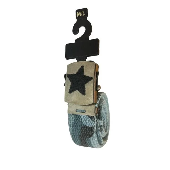 Camo Belt Y2K Skater Punk Black Star Webbed Canvas Blue Gray Utility M/L 39