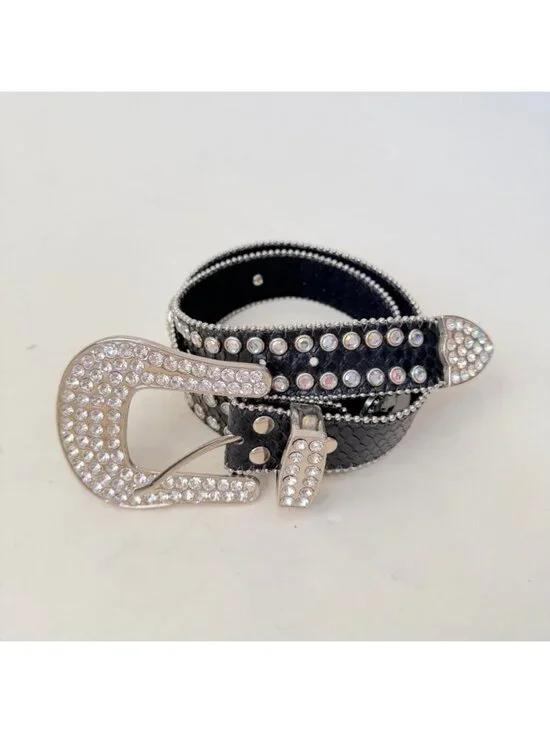 Y2K Western Leather Rhinestone Studded Belt Black Bling Horseshoe Buckle Boho Ro