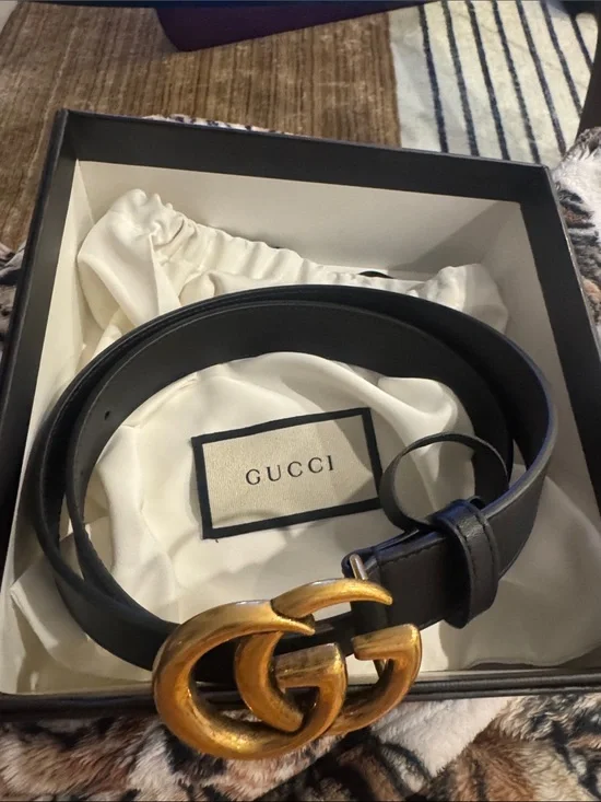 Gucci Black Leather Belt with Gold Double G Logo Buckle