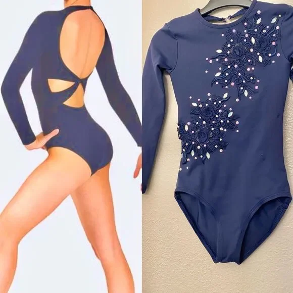 Custom solo Dance Costume navy blue Twist Long Sleeve Leotard modest IC 7/8