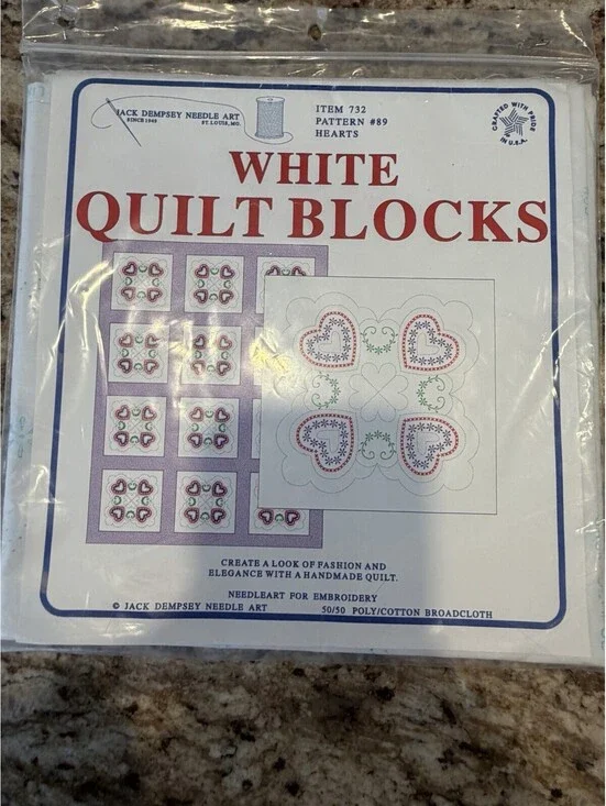 Vtg Rare Jack Dempsey White Quilt Blocks 18” Hearts #89 New