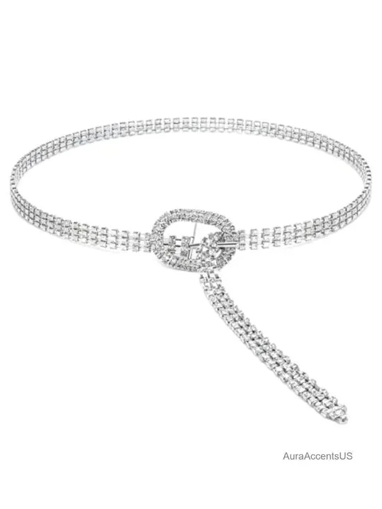 Silver Rhinestone Bling Waist Belt with Hook & Loop Closure - 41 Inch Adjustable