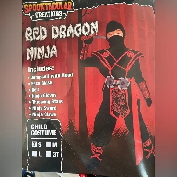 HALLOWEEN SPOOKTACULAR RED DRAGON NINJA COSTUME KIDS SIZE SMALL RED AND BLACK
