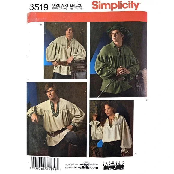 Simplicity 3519 Renaissance Pirate Poet Shirt Sewing Pattern XS-XL Unisex Cut XL