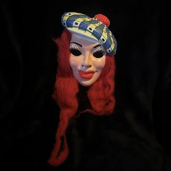 Rare Vintage Plastic Halloween MASK Beautiful Girl Red Hair Wearing Beret
