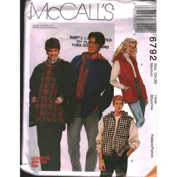 Vintage McCalls 6792 Sewing Pattern Mens Misses Jacket Vest Hooded Size Medium