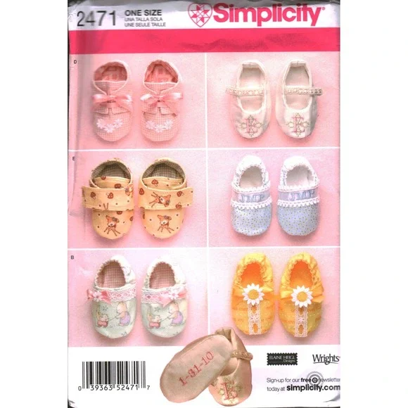 Simplicity 2471 Baby Shoes Sewing Pattern Elaine Heigl Designs One Size cut