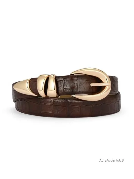 Faux Leather Belt with Gold Buckle – Retro Croc Texture, Durable, Versatile for