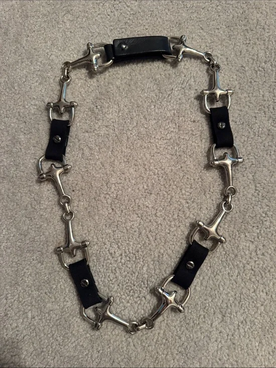 Suzi Roher Black Leather and Silver-Tone Horse bit Snaffle Belt Large