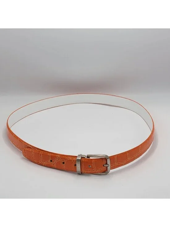 Orange Crocodile-Embossed Genuine Leather Belt With Silver-Tone Buckle