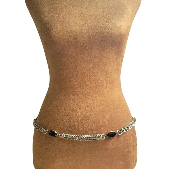 Simply Vera Silver Multi Strand Chain Belt with Black Stones 39 Inch Whimsigoth