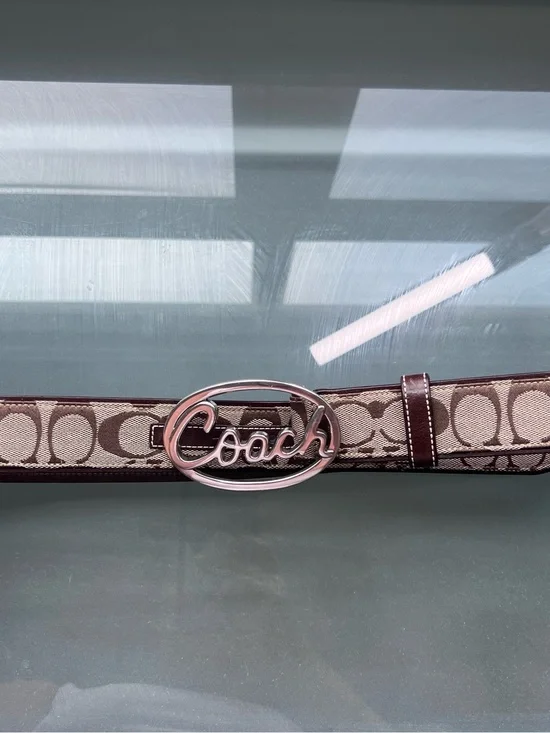 Coach Brown Signature Canvas Belt with Silver Script Buckle