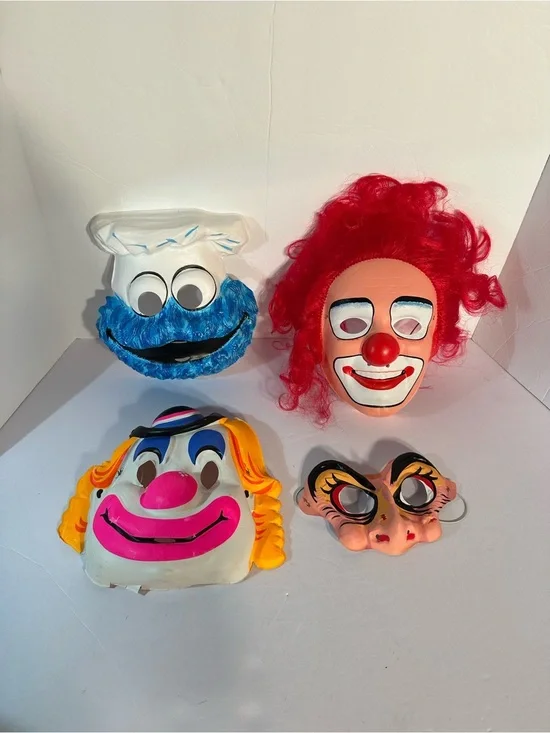 Vtg 70s/80s Plastic Halloween Masks Lot Of 4 Cookie Monster Witches Eyes Clowns