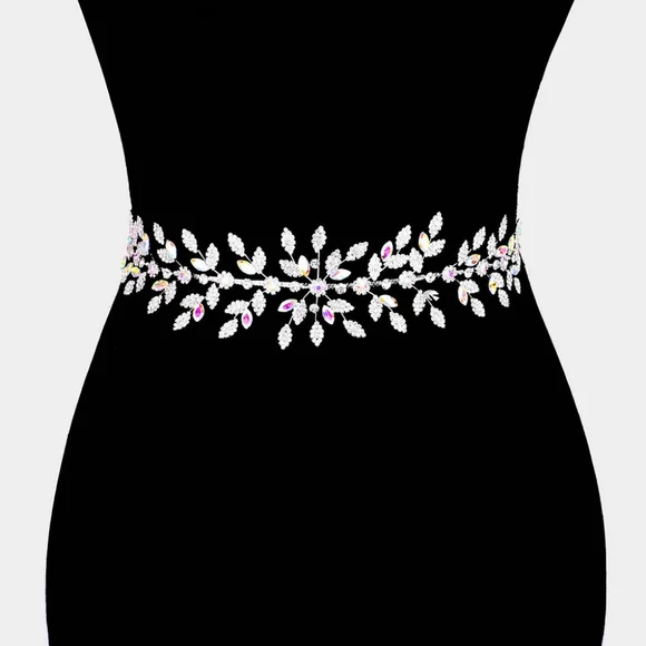 Ab Silver Marquise Crystal Bridal Belt Flower Sash Wedding Ribbon Rhinestone