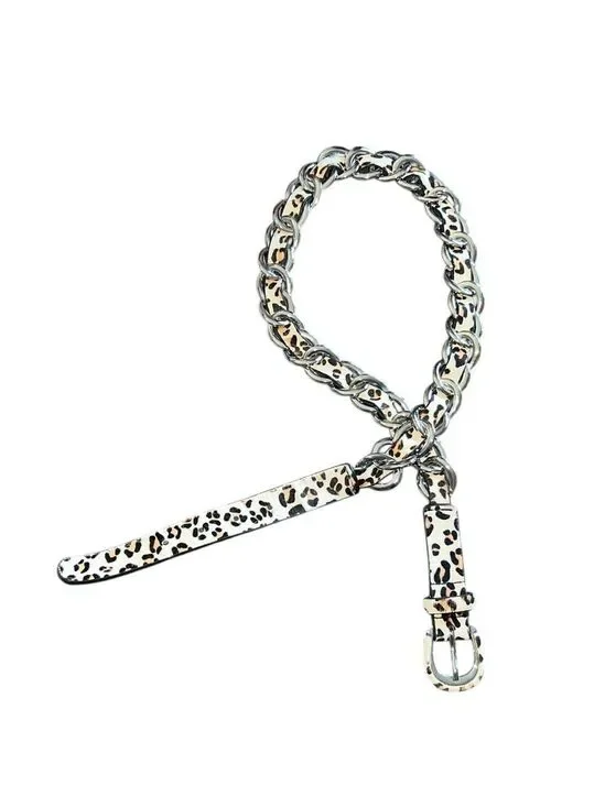 WCM NY Belt Silver Tone Chain with Leopard Print Genuine Calfskin Leather Large