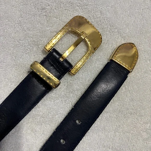Vintage Christian Dior Blue Leather Belt with Gold-Tone Buckle M