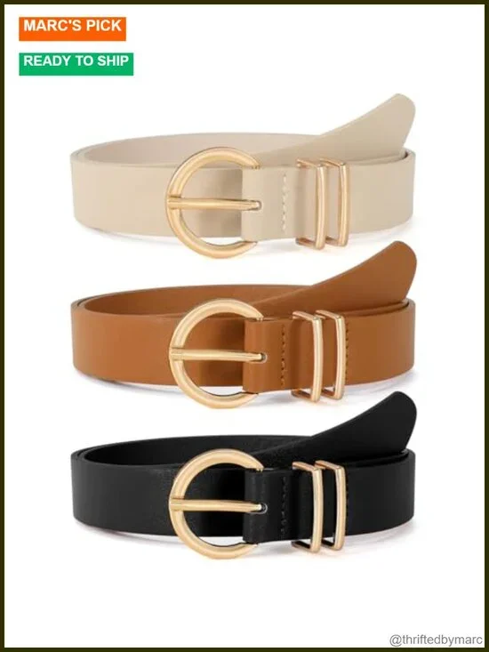 3 Pack Faux Leather Belts with Gold Buckle for Jeans Dresses & Waist