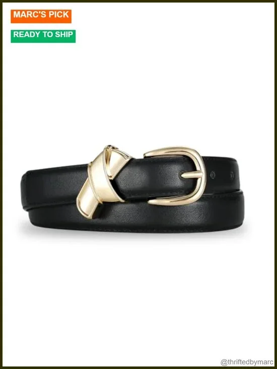 Women Faux Leather Belt with Gold Buckle & Knot Accent Minimalist