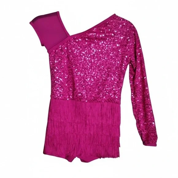 Weissman Fuchsia Sequin Fringe One Shoulder Dance Costume Romper LC Jazz Tap
