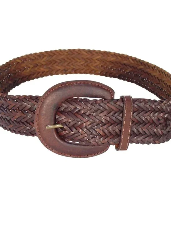 HANDWOVEN Brown Leather Braided Belt Women's S/M - Made in INDIA
