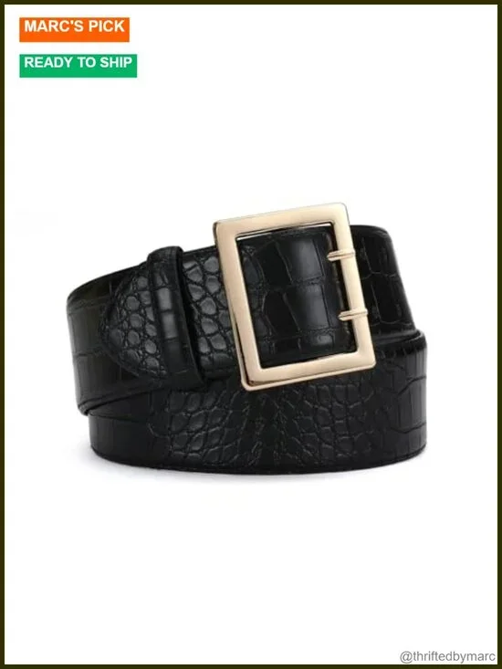 Wide Faux Leather Belt with Gold Buckle for Dresses