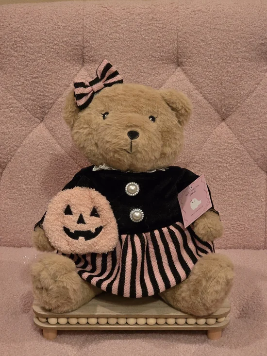 Halloween Bear In Pink and Black Dress With Pink Jackolantern