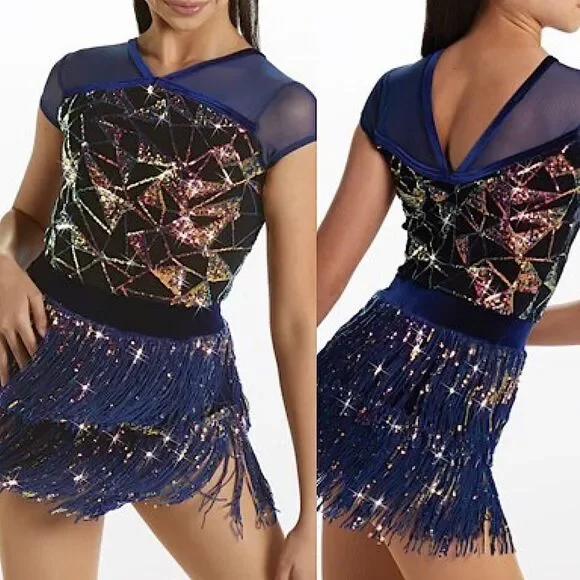 Weissman Dance costume blue sassy fringe sequin dress Misbehave 16291 child XLC