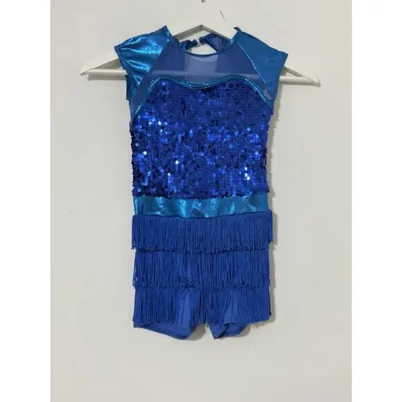 Weissman Child IC 7/8 Blue Jazz Dance Costume Sequins And Fringe