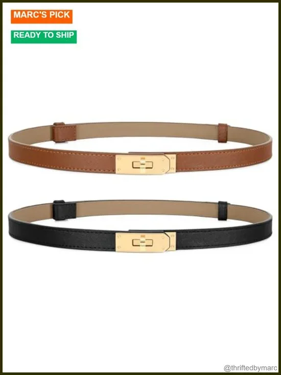 2 Pack Women Skinny PU Leather Belt with Alloy Turn Lock