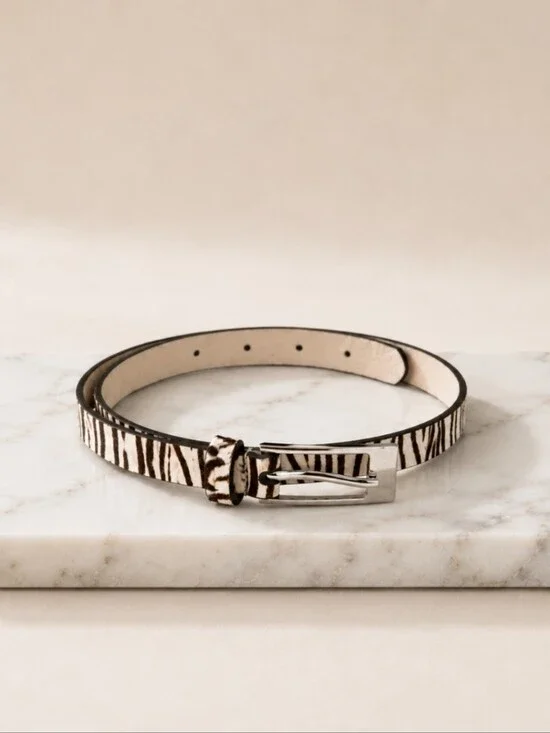 Zebra Print Genuine Hair Calf Leather Skinny Belt Silver Buckle Size Small