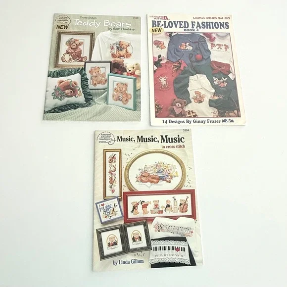 Lot 3 Vintage Cross‎ Stitch Pattern Books Teddy Bears Music Leisure Arts