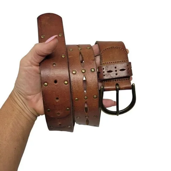 AEO Genuine Leather Brown‎ Belt M Perforated Studded Boho Country Cowgirl