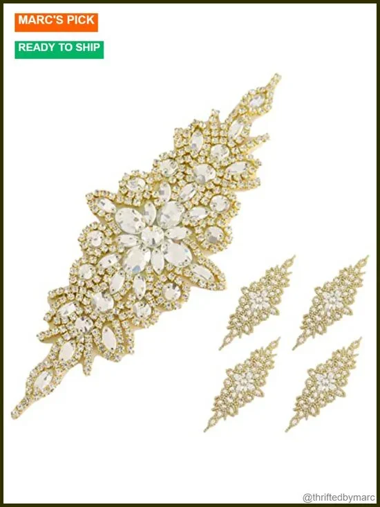 5 Pack Rhinestone Applique Wedding Sash Belt Gold Handmade Dress Belt for
