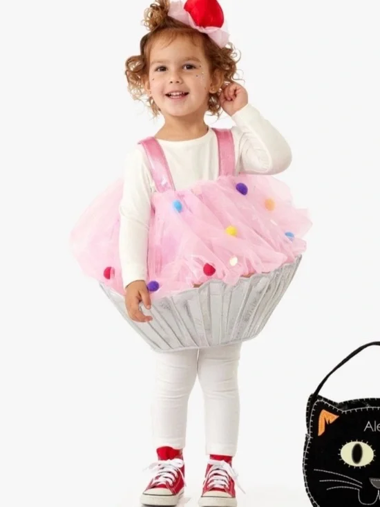 Pottery Barn Kids Pink Pom-Pom Cupcake Costume with Silver Liner