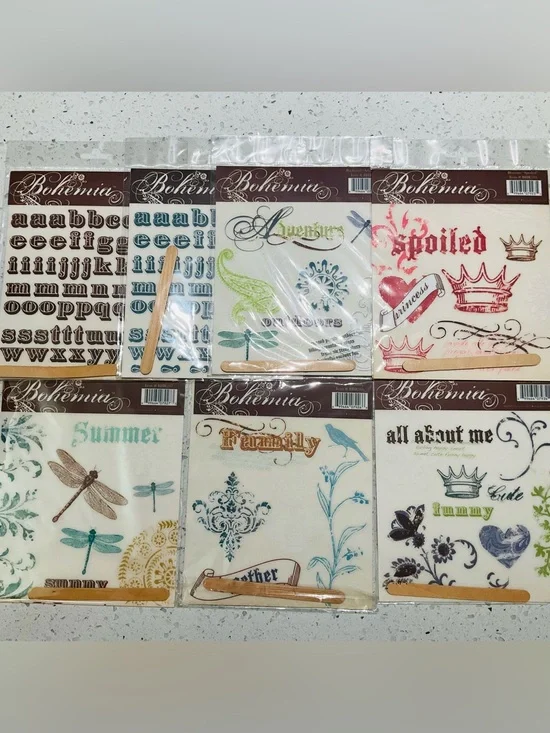 NIP 7pc Vintage 2006 My Minds Eye Bohemia Rub Ons Scrapbooking Paper Crafts DIY