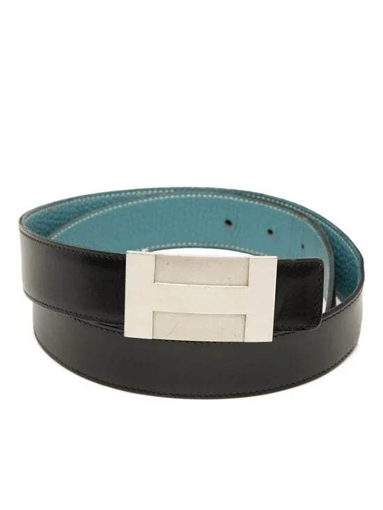 Hermes Plate Reversible 80 Black Blue Box Calf Togo Belt